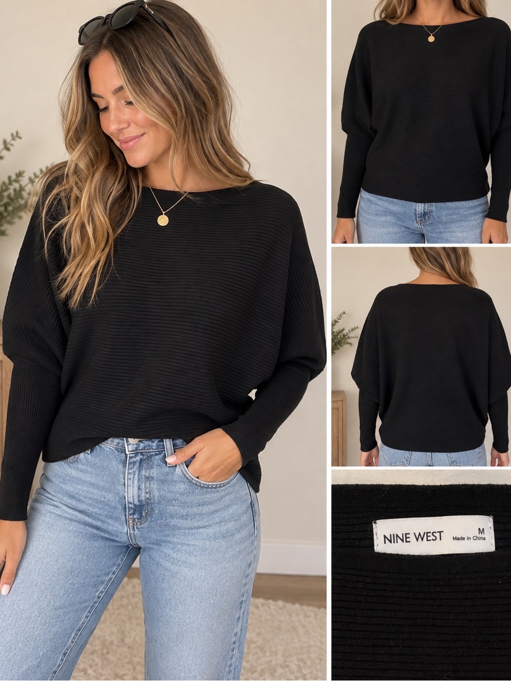 Nine West Black Ribbed Boatneck Batwing Sweater